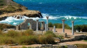 Destruction of trees near Chersonesos in Crimea covered with tarpaulin