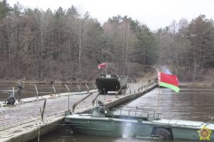 Pontoon bridge constructed across the Pripyat River in Belarus, 4 km from Ukraine
