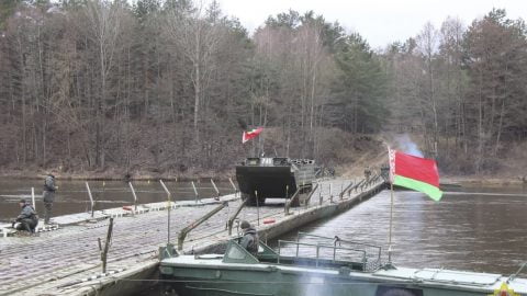 Pontoon bridge constructed across the Pripyat River in Belarus, 4 km from Ukraine